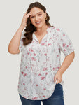 Floral Knot Frill Trim Shirred Lantern Sleeve Blouse