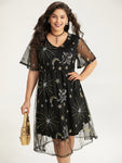 Halloween Moon & Star Print Pocket Mesh Patchwork Dress