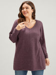 Solid Pointelle Knit V Neck Heather Knit Top
