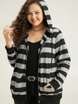 Striped Hooded Pocket Zipper Sweatshirt