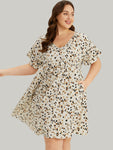 V-neck Pocketed General Print Dress With Ruffles