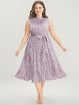 Floral Print Keyhole Belted Pocketed Dress With Ruffles by Bloomchic Limited