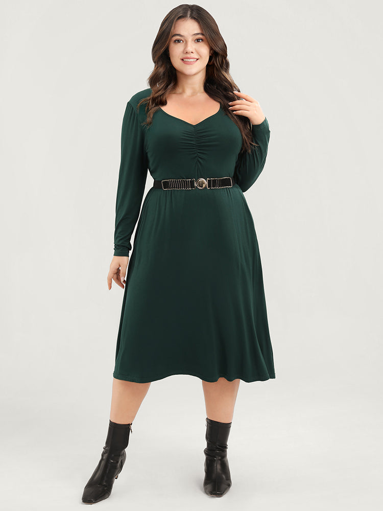 

Plus Size Women Dailywear Plain Gathered Regular Sleeve Long Sleeve V Neck Pocket Elegance Dresses BloomChic, Army green