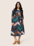Crew Neck Belted Colorblocking Dress
