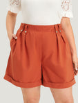 Solid Pocket Pleated Roll Hem Button Detail Shorts