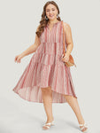 Striped Print Notched Collar Pocketed Dress With Ruffles