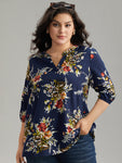 Floral Print Notched Elastic Cuffs Blouse