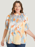 Ombre Print Knotted Keyhole Puff Sleeve Belted Blouse