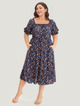 Floral Print Square Neck Puff Sleeves Sleeves Pocketed Elasticized Waistline Dress