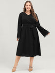 Lace Bell Sleeves Pocketed Belted Dress