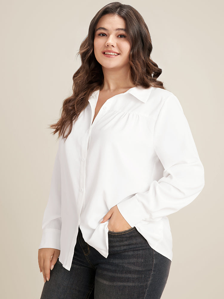 

Plus Size Women Workwear Plain Gathered Regular Sleeve Long Sleeve Shirt Collar Workleisure Blouses BloomChic, White smoke