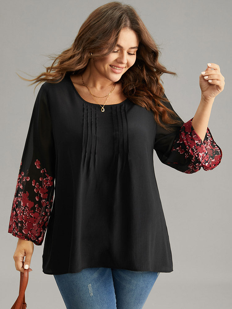 

Plus Size Women Dailywear Bohemian Print Texture Ruffle Sleeve Long Sleeve Round Neck Vacation Blouses BloomChic, Black