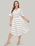 Notched Collar Batwing Sleeves Striped Print Pocketed Dress