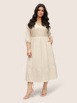 Guipure Lace Lantern Sleeve Elastic Waist Dress