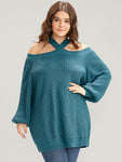 Solid Pointelle Knit Lantern Sleeve Cold Shoulder Knit Top