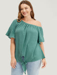Solid Cut Out Knotted Hem Ruffle Sleeve One Shoulder Blouse
