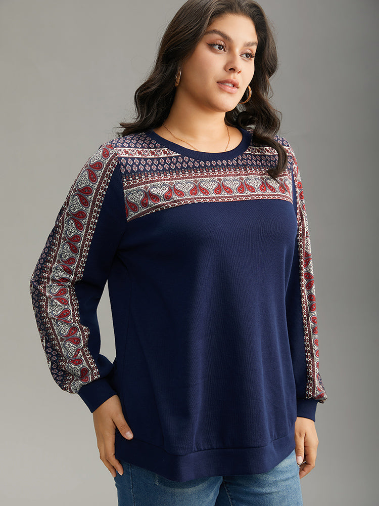 

Plus Size Women Dailywear Paisley Contrast Regular Regular Sleeve Long Sleeve Round Neck Elegant Sweatshirts BloomChic, Dark blue