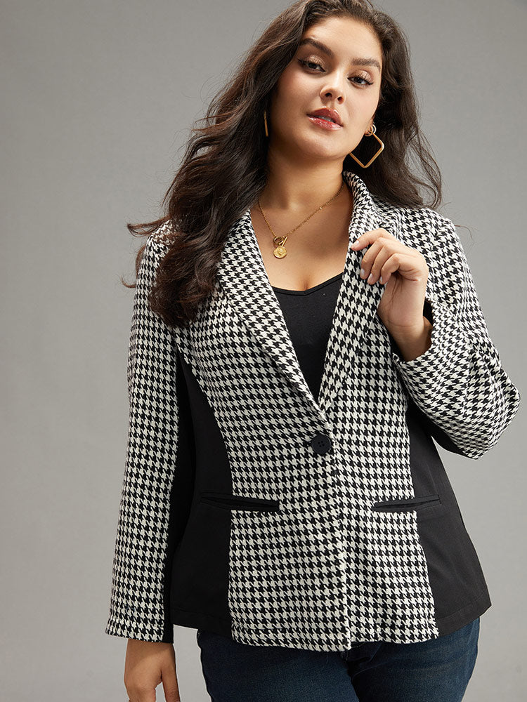 

Plus Size Women Work Houndstooth Contrast Regular Sleeve Long Sleeve Suit Collar Pocket At the Office Blazers BloomChic, Black