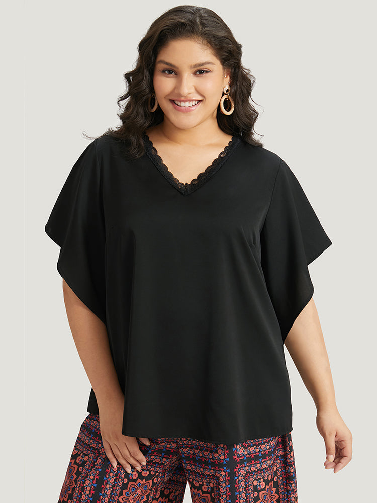 

Plus Size Two-Piece Woven Tops | Anti-Wrinkle Solid Guipure Lace Flutter Sleeve Blouse | BloomChic, Black