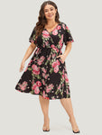 V-neck Floral Print Wrap Pocketed Dress With Ruffles