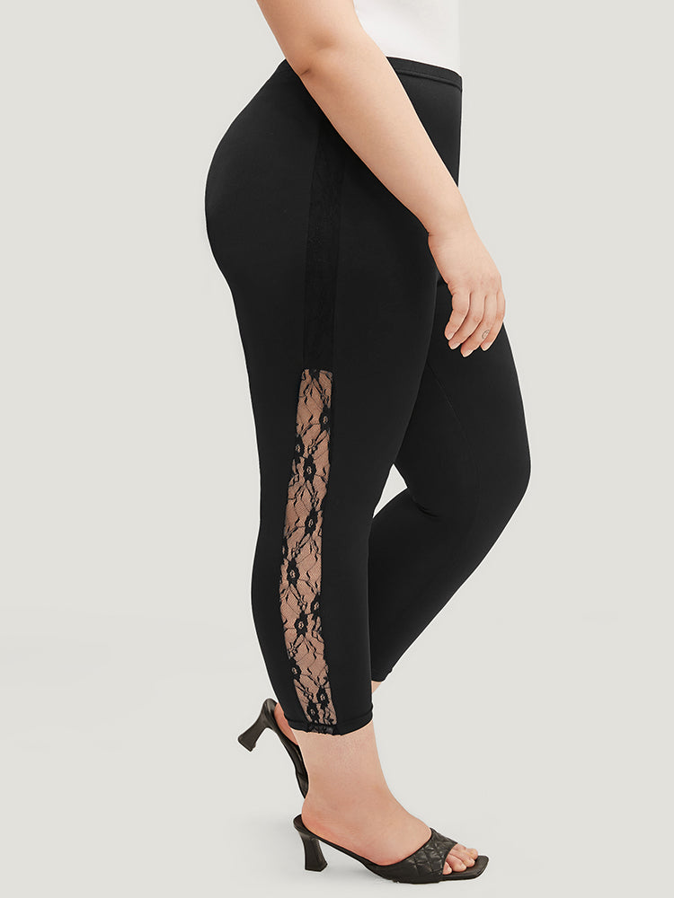 

Plus Size Women Dailywear Plain Lace Very Stretchy Skinny Mid Rise Elegance Leggings BloomChic, Black