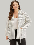 Striped Suit Collar Drawstring Patched Pocket Coat