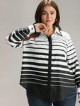 Striped Button Through Curved Hem Blouse