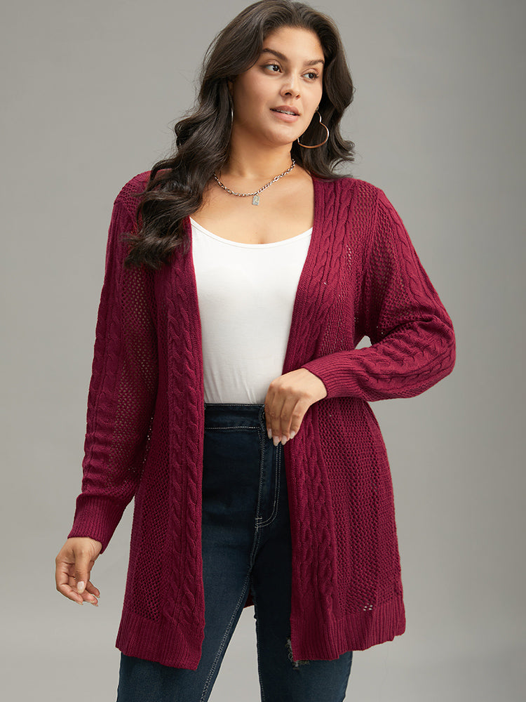 

Plus Size Cardigans | Plain Cable Knit Eyelet Open Front Cardigan | BloomChic, Scarlet