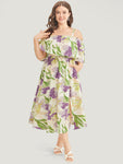 Pocketed Floral Print Ruffle Trim Cold Shoulder Sleeves Dress