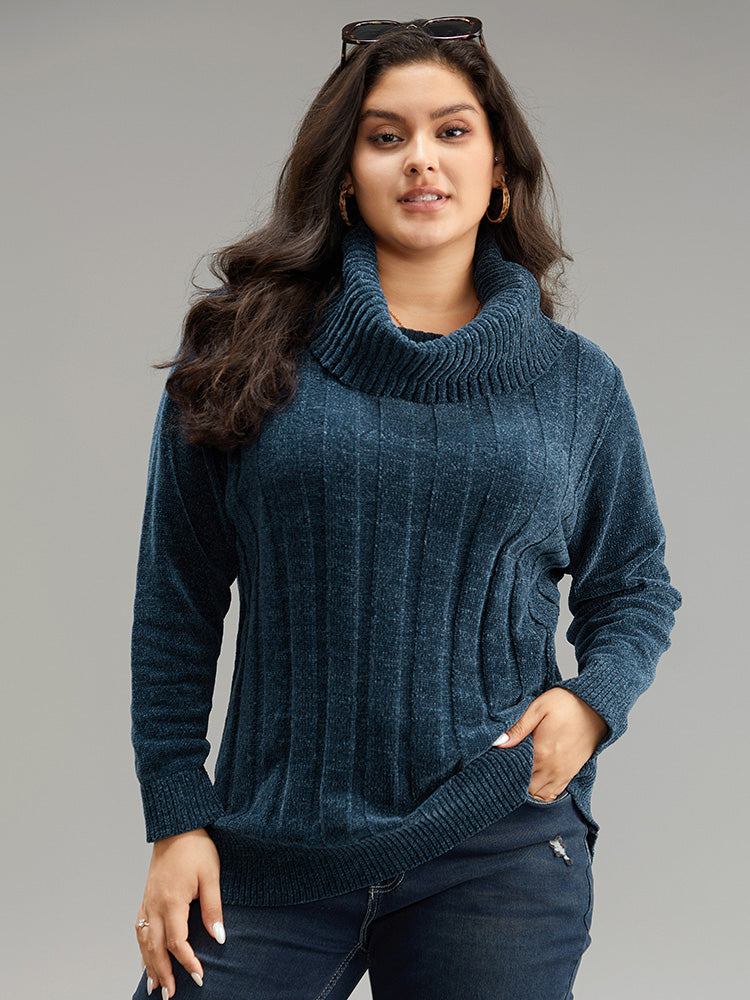 

Plus Size Pullovers | Turtle Neck Plain Rib Knit Pullover | BloomChic, Cyan