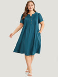Solid Pleated Front Button Detail Notched Ruffle Sleeve Dress