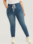 Slightly Stretchy High Rise Dark Wash Drawstring Jeans