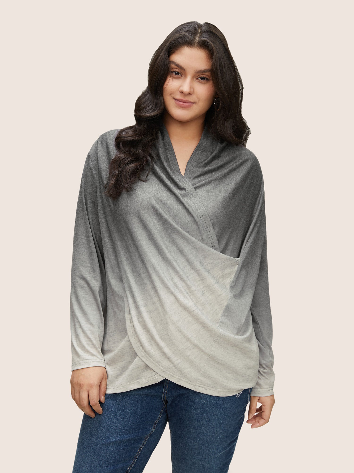 

Plus Size Women Everyday Ombre Overlapping Regular Sleeve Long Sleeve Overlap Collar Casual T-shirts BloomChic, Gray