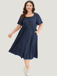 Supersoft Essentials Plain Button Detail Ruffle Sleeve Gathered Square Neck Dress