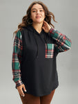 Plaid Patchwork Hooded Patched Pocket Sweatshirt