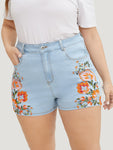 High Rise Light Wash Floral Embroidered Denim Shorts