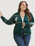 Elk Print Pointelle Knit Pocket Jacquard Button Front Cardigan