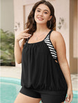 Striped Patchwork Gathered Crossover Back Tankini Top