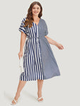 Drawstring Pocketed Striped Print Notched Collar Dress