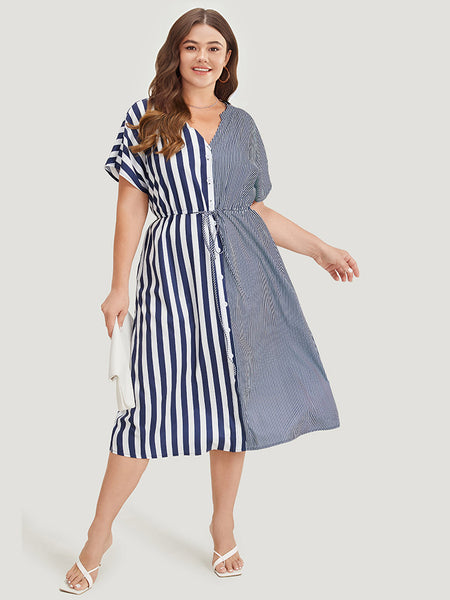 Notched Collar Striped Print Pocketed Drawstring Dress