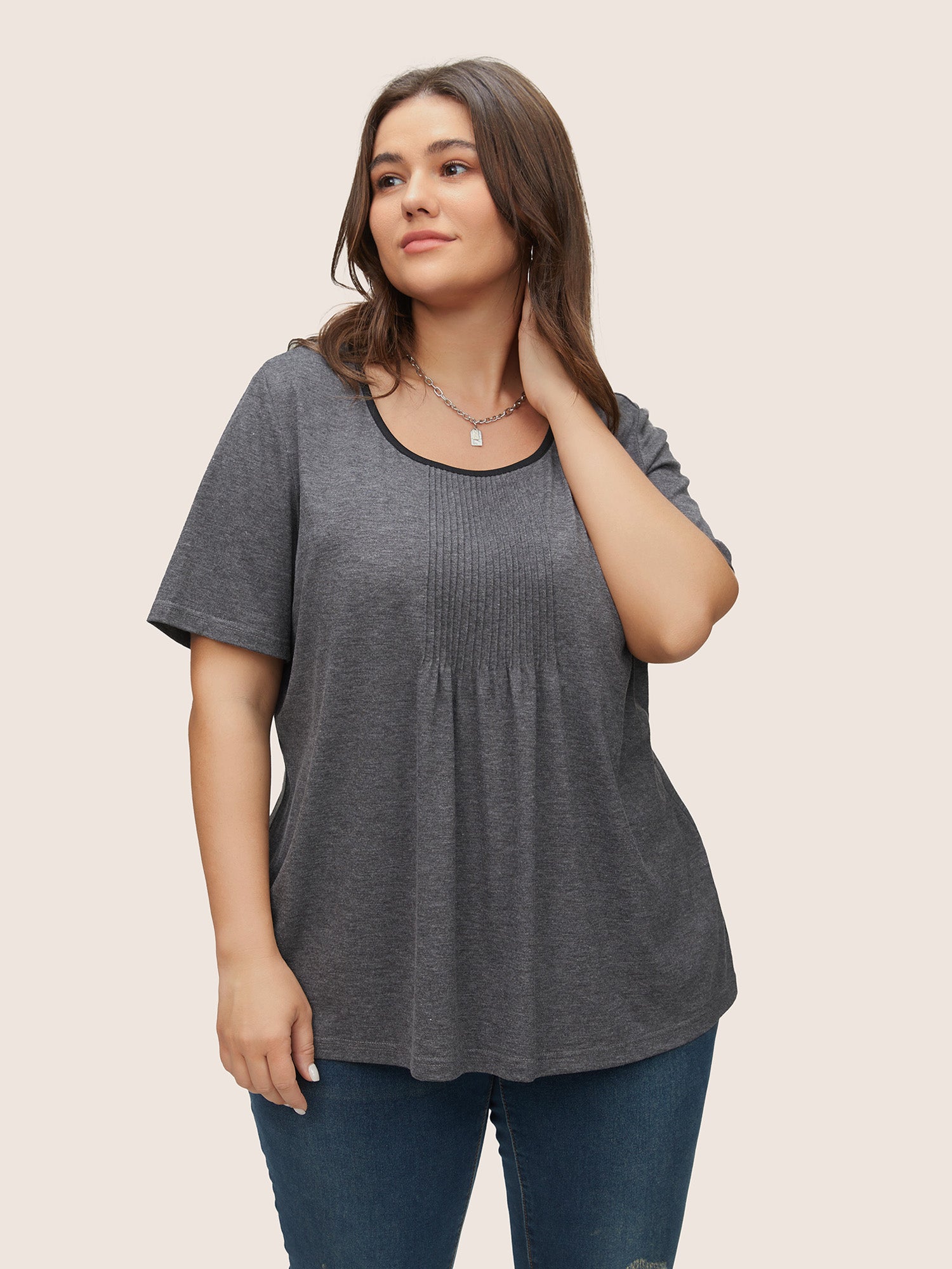 

Plus Size Women Everyday Plain Contrast Regular Sleeve Short sleeve Round Neck Casual T-shirts BloomChic, Dim gray