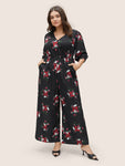 Collared Gathered Floral Print Elasticized Waistline Jumpsuit