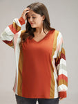 Colour Striped V Neck Batwing Sleeve T shirt