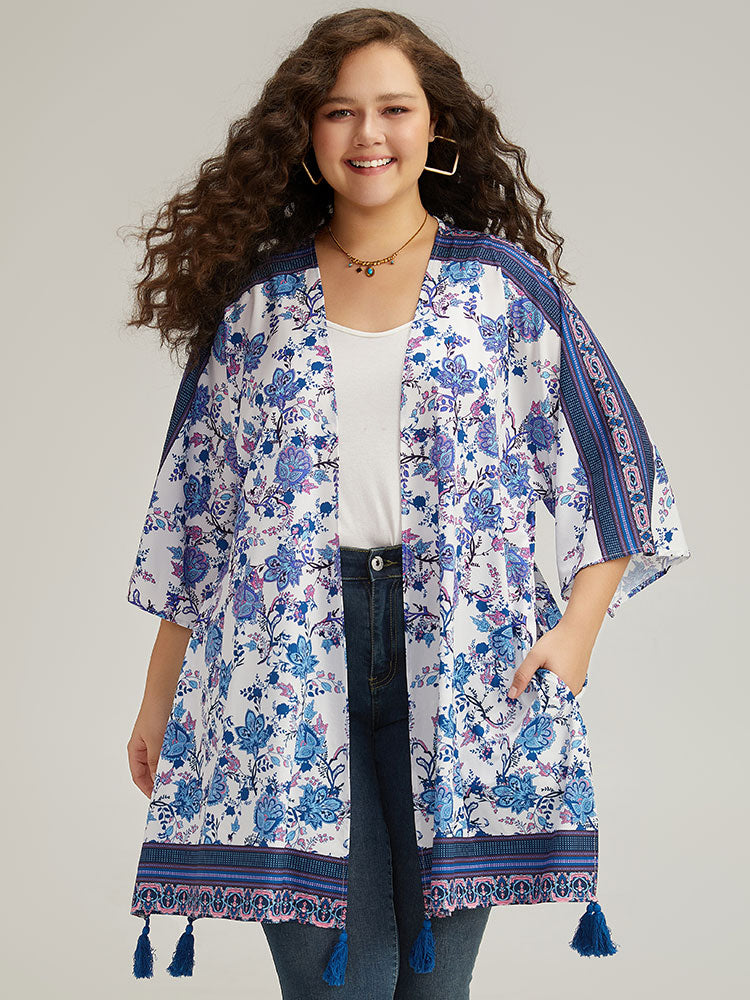 

Plus Size Cover Ups/Kimonos | Floral Print Tassels Trim Split Side Kimono | BloomChic, Cerulean
