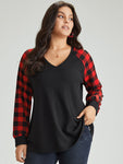 Waffle Knit Plaid Patchwork Raglan Sleeve T shirt