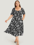 Pocketed Ruched Drawstring Floral Print Puff Sleeves Sleeves Dress With Ruffles