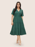 Pleated Pocketed Shirred Notched Collar Dress