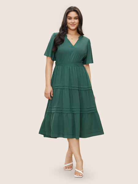Notched Collar Pocketed Pleated Shirred Dress