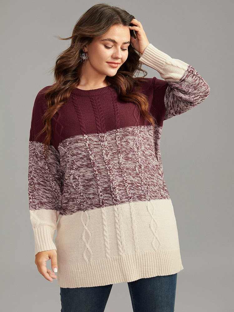 

Plus Size Pullovers | Cable Knit Heather Colorblock Patchwork Pullover | BloomChic, Burgundy