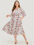 Bell Sleeves Pleated Pocketed Floral Print Midi Dress